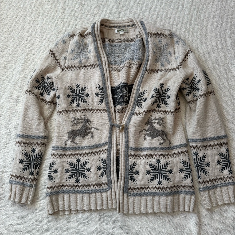 Orvis Women Large Fair Isle Cardigan Sweater Cream Gray Nordic Snowflake Toggle